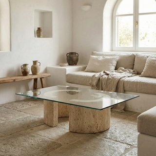 🪨 HARMONIA | Traverten & Cam Orta Sehpa