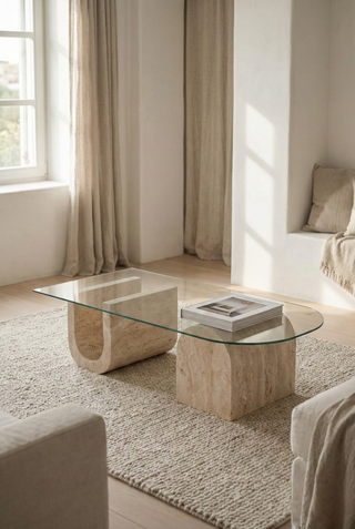 🪨 KION U | Traverten & Cam Orta Sehpa