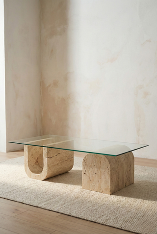 🪨 KION U | Traverten & Cam Orta Sehpa